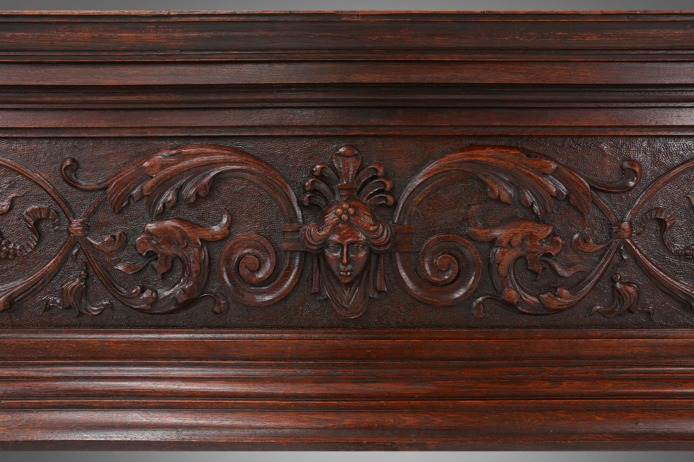 Richly decorated antique fireplace in oak, Belgium ca. 1920thumbnail